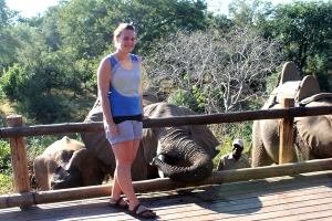 Person Emily with elephant Emily. 