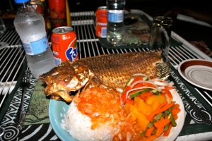 My dinner, a whole fish deep fried. (This specific fish actually made me really sick, but I've had it other times and been fine.) 